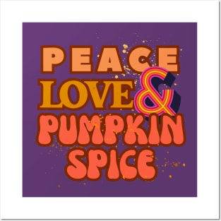 Peace, Love, and Pumpkin Spice - Retro Groovy Rainbow Style Posters and Art